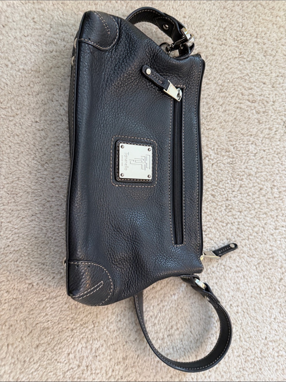 Tignanello Black Pebbled Leather Hobo with Silver Plaque